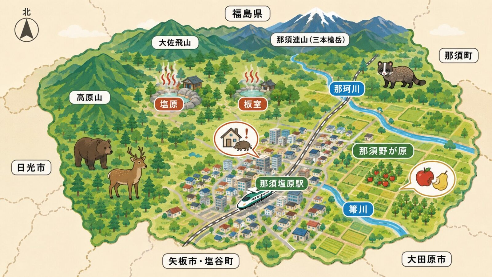 那須塩原市の地形と点検ポイントを示す模式マップ。上が北で、西部に高原山、北部に大佐飛山や那須連山の三本槍岳などの山岳部、北東部に那珂川、南東部に箒川が南東方向へ流れ、山岳部に塩原・板室の温泉地、南東の平地に那須野が原と新幹線那須塩原駅周辺の市街地を配置。隣接は北に福島県、北東に那須町、西に日光市、南に矢板市・塩谷町、南東に大田原市。山際はハクビシンや大型獣、市街地はすき間侵入、農地は果樹の食害に注意と示すいらすとや風イラスト。