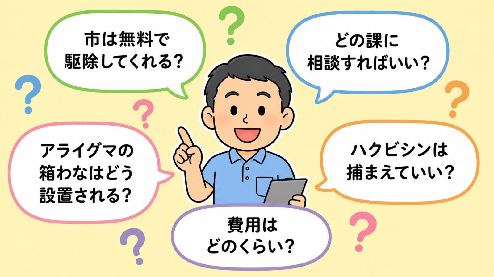 古河市の害獣駆除のよくある質問の図。市は無料で駆除してくれるか・どの課に相談すればいいか・アライグマの箱わなはどう設置されるか・ハクビシンは捕まえていいか・費用はどのくらいかの5つの疑問を吹き出しで整理したいらすとや風イラスト。