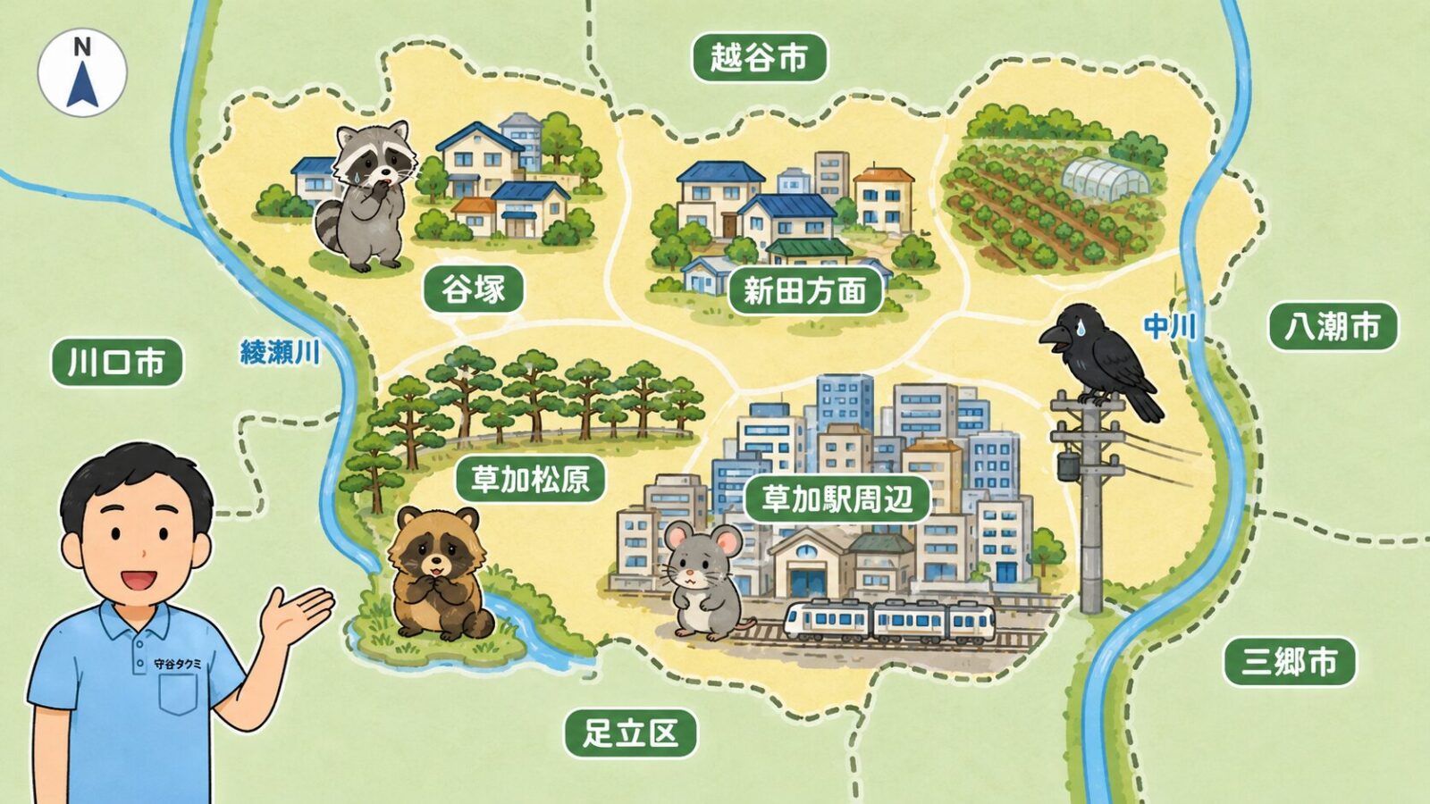 草加市の草加松原、中川、綾瀬川、草加駅周辺、谷塚、新田方面などの地域特性と点検ポイントを示した模式マップ。