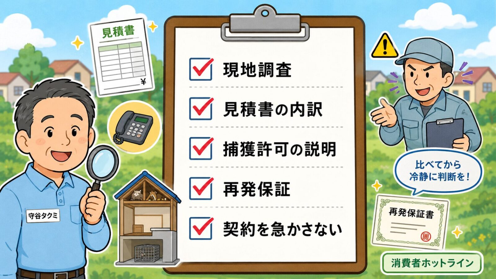 世田谷区でハクビシン駆除業者を選ぶときに現地調査、見積書、許可説明、保証を確認するチェックリスト
