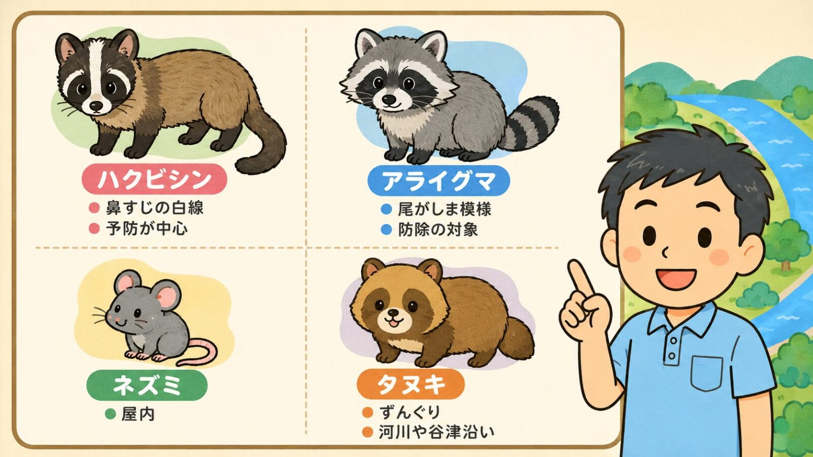 守谷市で見られる害獣を整理した図。ハクビシン(特定外来生物ではなく予防が中心)・アライグマ(特定外来生物で県の防除実施計画の対象)、住宅内で注意したいネズミ、河川や谷津の緑地で見られるタヌキを守谷タクミが解説するいらすとや風イラスト。