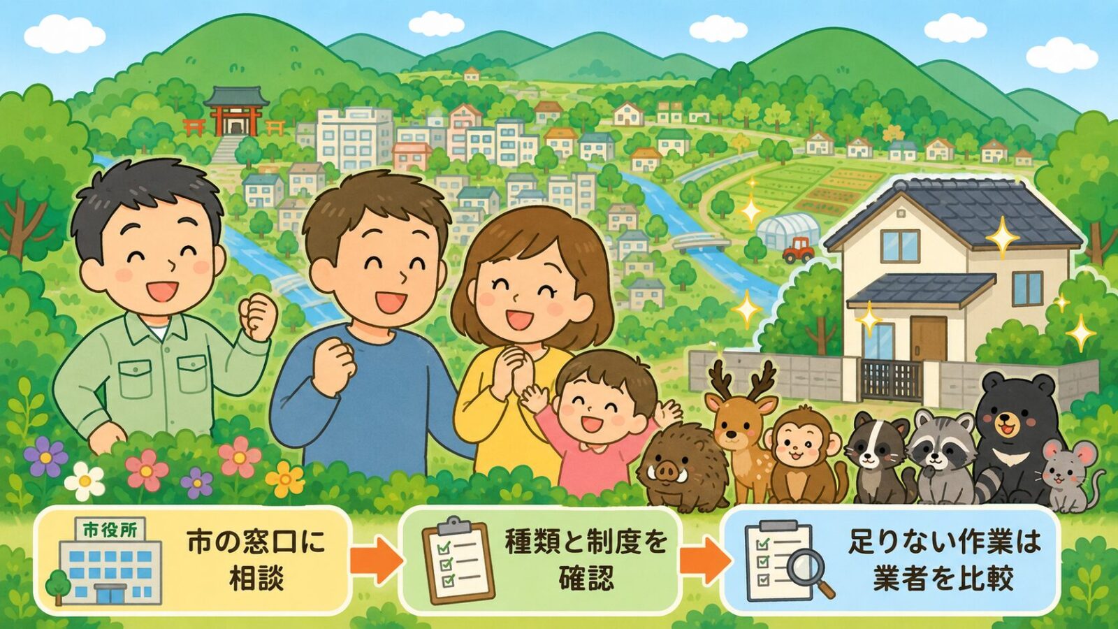 佐野市の害獣駆除は、農山村振興課への相談、種類と制度の確認、足りない作業の業者比較で進めることをまとめた図解