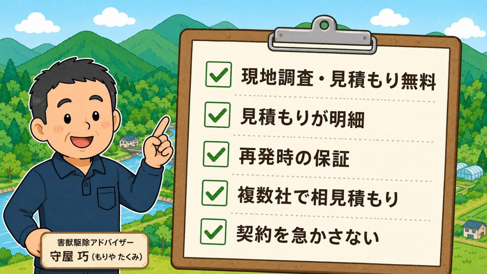 鹿沼市の害獣駆除で失敗しない業者選び5つのチェックポイントを示す図。現地調査見積もり無料・見積もりが明細・再発時の保証・複数社で相見積もり・契約を急かさないの5項目をチェックリストで並べ、急かす業者は冷静に比較できずトラブルになりやすいと守谷タクミが添えるいらすとや風イラスト。