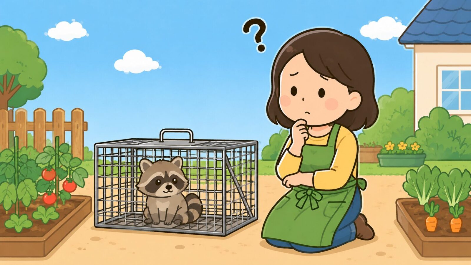 庭先の箱わなに入ったアライグマを前に、住人が頭に「？」を浮かべて戸惑っているいらすとや風イラスト。アライグマを捕獲したあとどうなるのか、まず何をすべきか戸惑う場面を示すH2見出し画像。