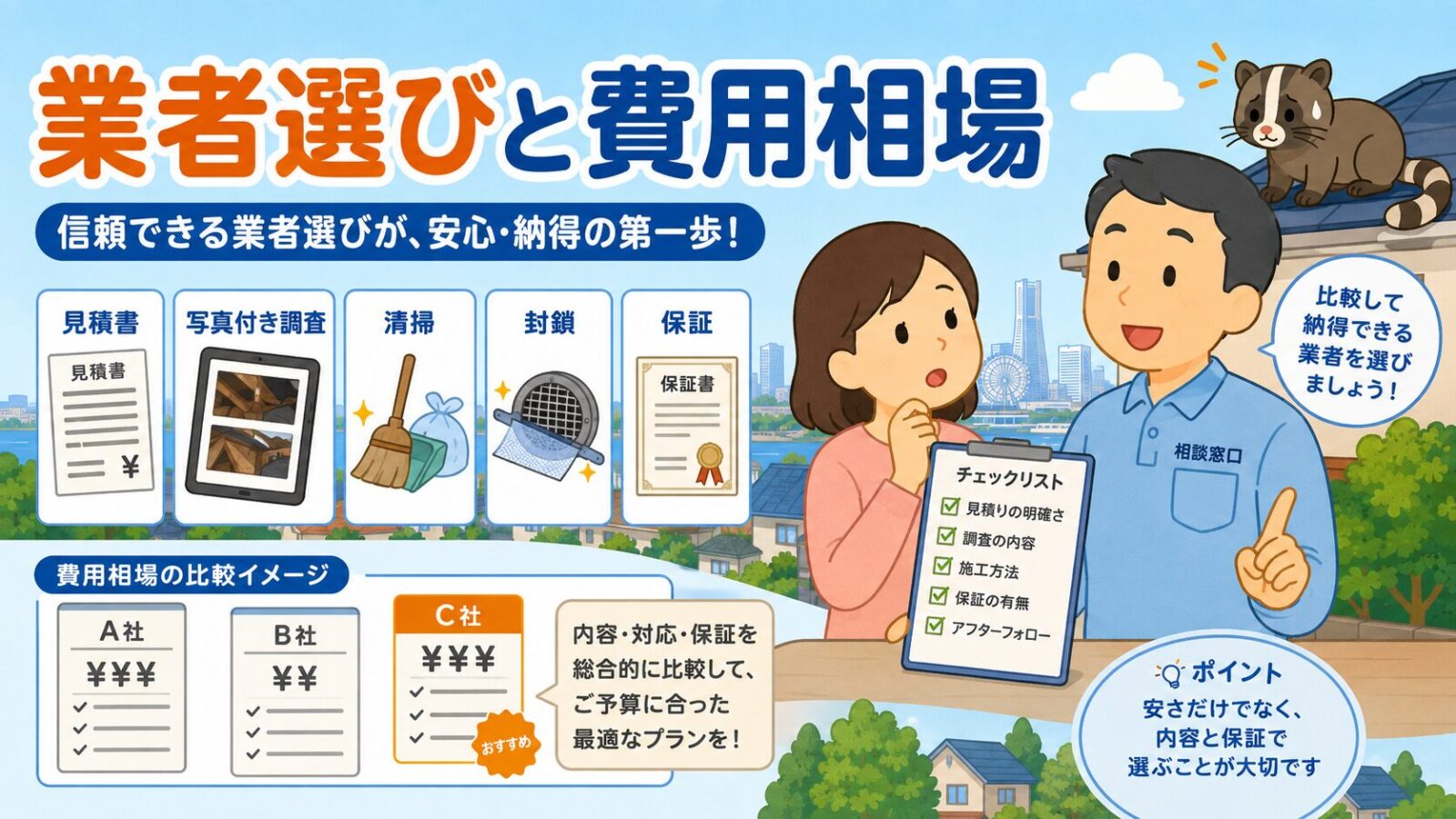 横浜市でハクビシン駆除業者を選ぶ際の見積書、現地調査、清掃、侵入口封鎖、保証確認を示すイラスト