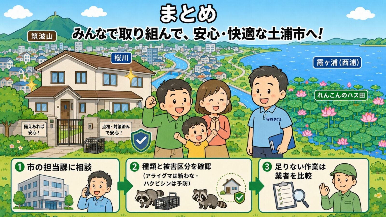 土浦市の害獣駆除のまとめ図。外来生物は環境保全課・農作物被害は農林水産課に相談・アライグマは県が箱わな貸出と処分で市が設置捕獲と運搬の役割分担・ハクビシンは予防が中心・足りない作業は業者を比較の流れと、費用は参考相場で現地調査で変動・急がず複数社を比較という注意を、被害が解決して安心する家族とともに守谷タクミが示すいらすとや風イラスト。