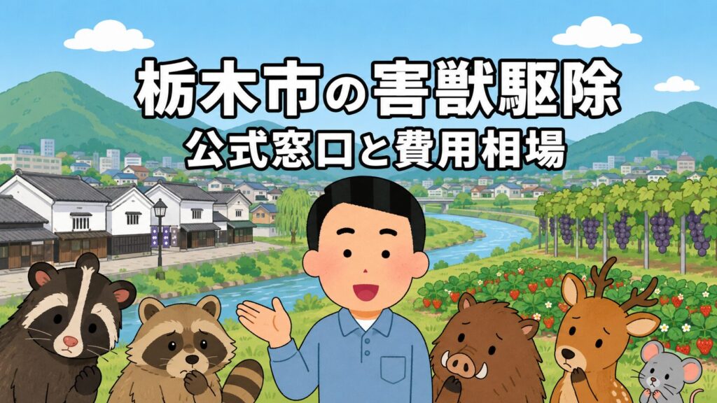 栃木市の害獣駆除について、農林整備課への相談、捕獲許可、箱わな貸出、費用相場を示したメインアイキャッチ画像