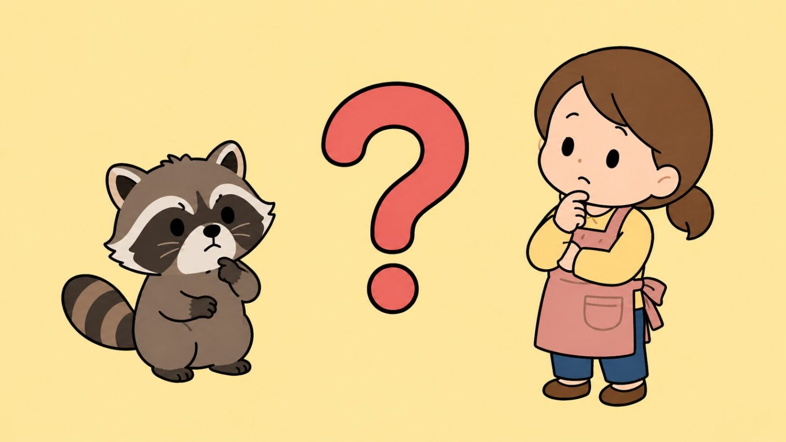 かわいいアライグマと、あごに手を当てて考えるエプロン姿の女性の間に大きな赤いはてなマークを配したいらすとや風イラスト。アライグマの威嚇に関するよくある質問と回答をまとめたセクションのH2見出し画像。
