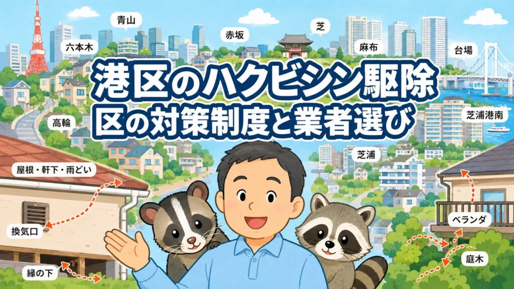 港区の高低差のある住宅地と公園緑地を背景に守谷タクミとハクビシンを描いたアイキャッチ画像