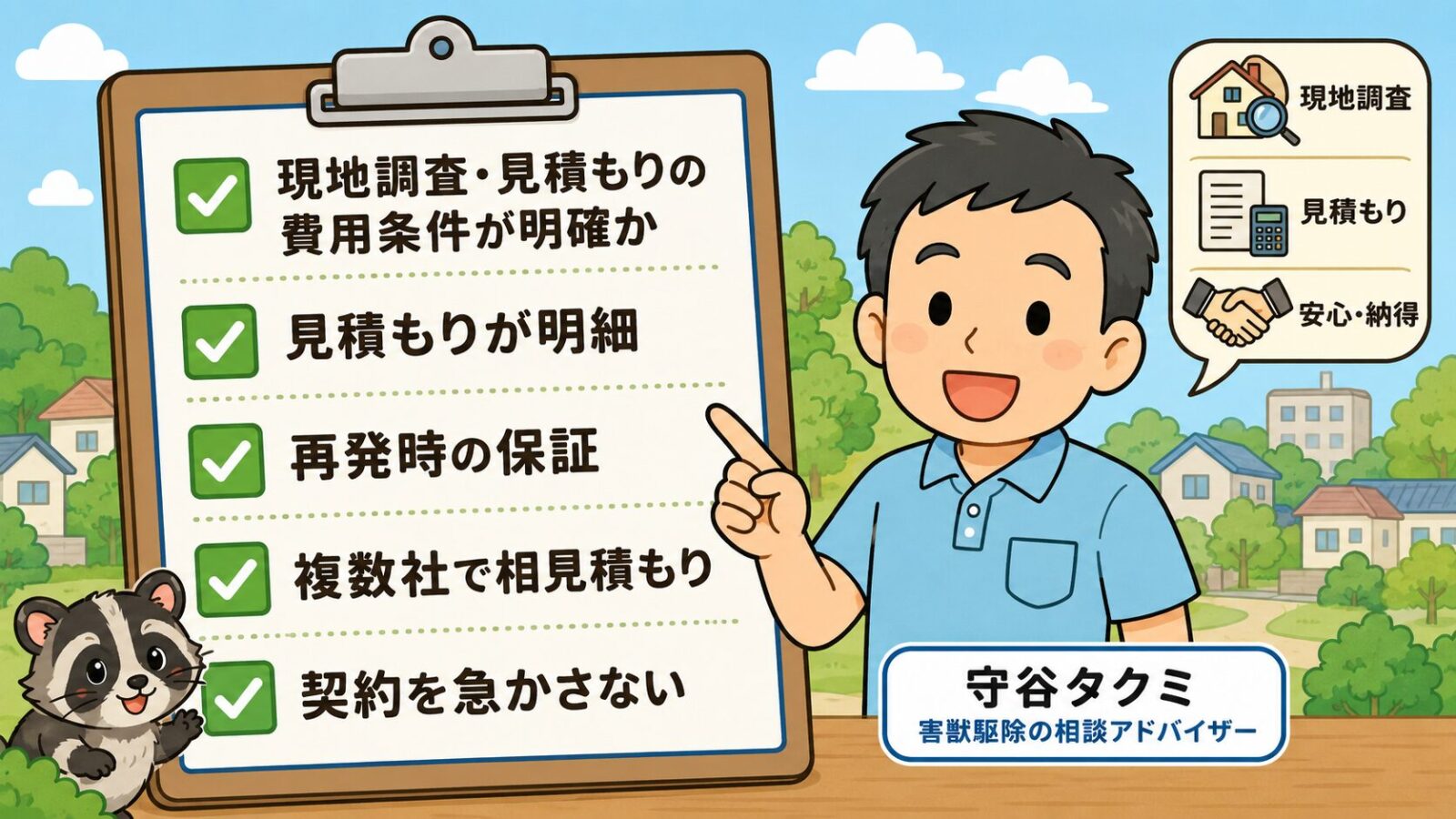 取手市の害獣駆除で失敗しない業者選び5つのチェックポイントを示す図。現地調査・見積もりの費用条件が明確か・見積もりが明細・再発時の保証・複数社で相見積もり・契約を急かさないの5項目をチェックリストで並べ、急かす業者は冷静に比較できずトラブルになりやすいと守谷タクミが添えるいらすとや風イラスト。