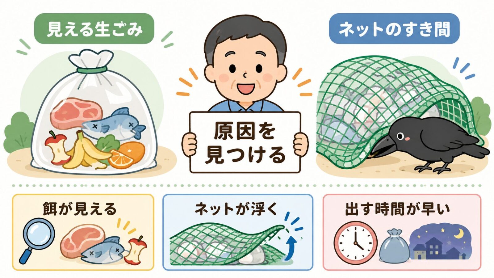 カラスがごみを荒らす原因として、見える生ごみ、ネットのすき間、出す時間の早さを整理した図解
