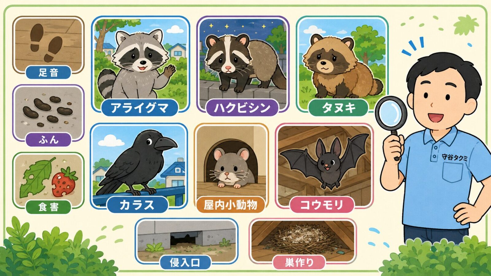 草加市で注意したいアライグマ、ハクビシン、タヌキ、カラス、屋内小動物、コウモリと被害サインを示した図解。