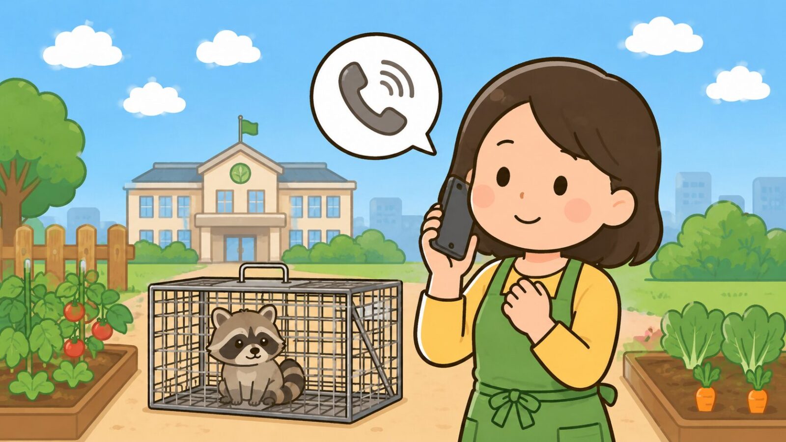 家庭菜園の箱わなのそばで、住人がスマートフォンで市役所に電話相談し、電話マークを浮かべているいらすとや風イラスト。アライグマを捕獲したあと、まず自治体に連絡する正しい手続きを示すH2見出し画像。