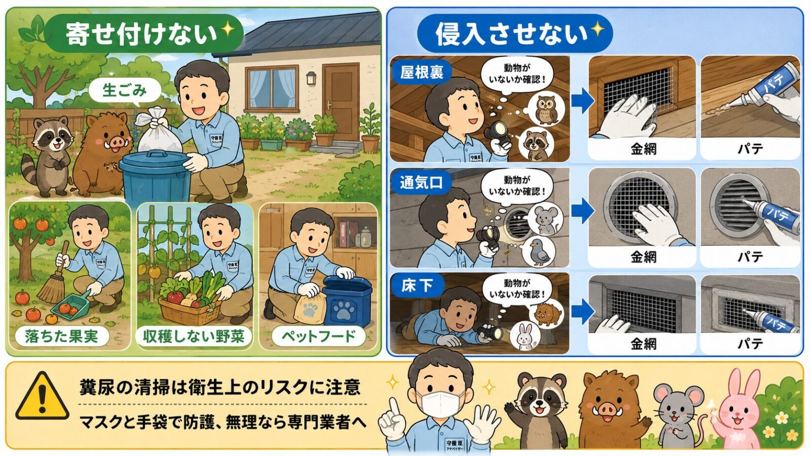桐生市で自分でできる害獣の予防・応急対策を示す図。寄せ付けない（生ごみ・落ちた果実・収穫しない野菜・ペットフードを置かない）と侵入させない（屋根裏・通気口・床下のすき間を金網やパテで塞ぐ）の2本柱を守谷タクミが案内し、糞尿の清掃は衛生上のリスクに注意し防護のうえか専門業者へと添えるいらすとや風イラスト。