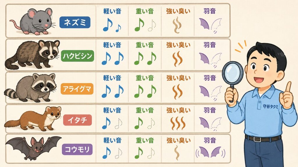 1階と2階の間に入り込みやすい害獣5種類と音や痕跡の違いを比較した表のイラスト。ネズミ・ハクビシン・アライグマ・イタチ・コウモリを、軽い音、重い音、臭いの強さ、羽音の4項目で比べており、虫めがねを持った守谷タクミが音から動物を見分けるコツを解説している。