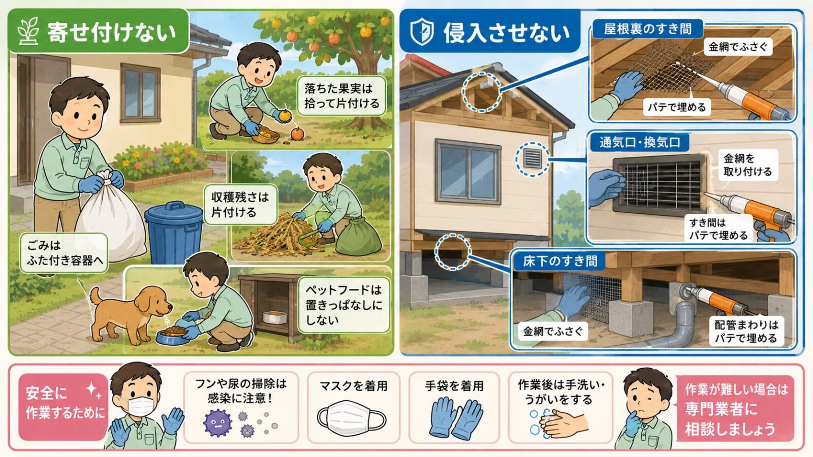 結城市の害獣被害を予防するために、寄せ付けない対策と侵入させない対策を住宅まわりで示した図解