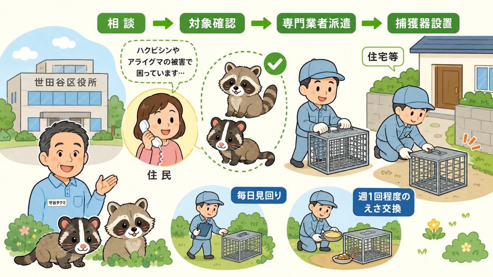 世田谷区の環境保全課への相談、専門業者派遣、捕獲器設置の流れを示すいらすとや風図解