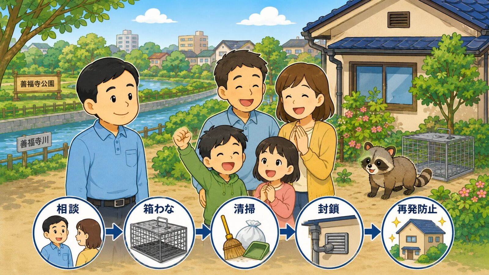 杉並区のハクビシン被害が解決して安心した家族と守谷タクミ、相談、箱わな、清掃、封鎖、再発防止を描いたまとめ画像
