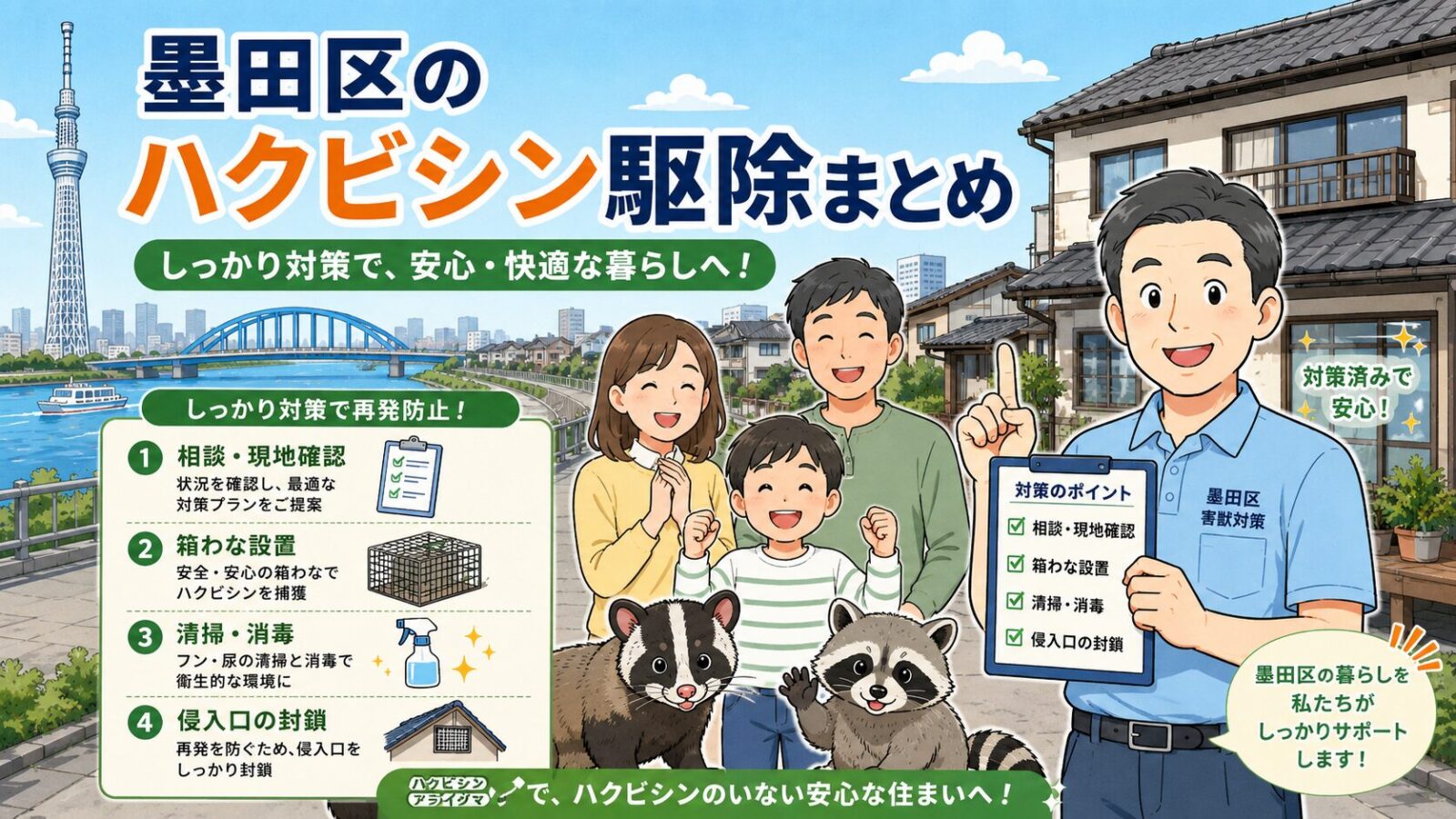 墨田区のハクビシン被害が解決して安心した家族と守谷タクミを描いたまとめ画像