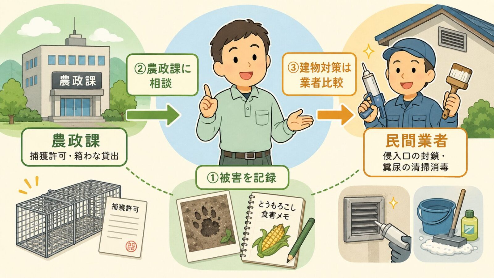 結城市の害獣駆除で、農政課への相談、捕獲許可、箱わな貸出、民間業者による建物対策の役割分担を示した図解