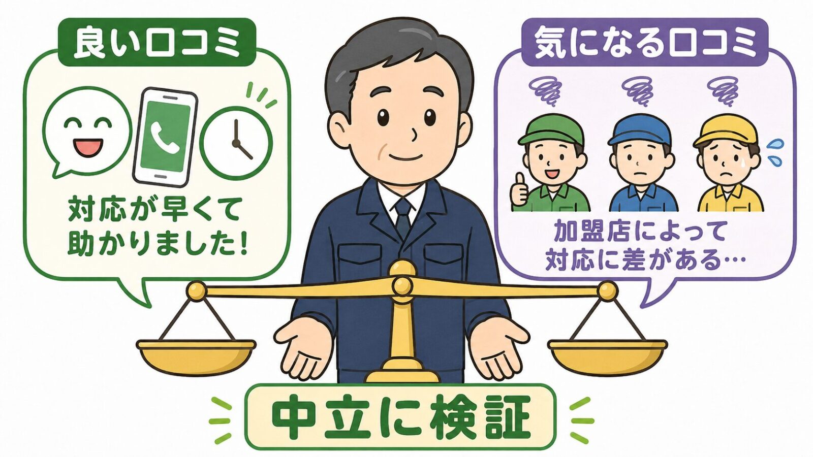 害獣駆除110番の口コミを天秤で中立に検証するいらすとや風イラスト。左に良い口コミ（対応が早くて助かりました）、右に気になる口コミ（加盟店によって対応に差がある）を吹き出しで対比し、中央で守谷タクミ風キャラクターが「中立に検証」と掲げている。