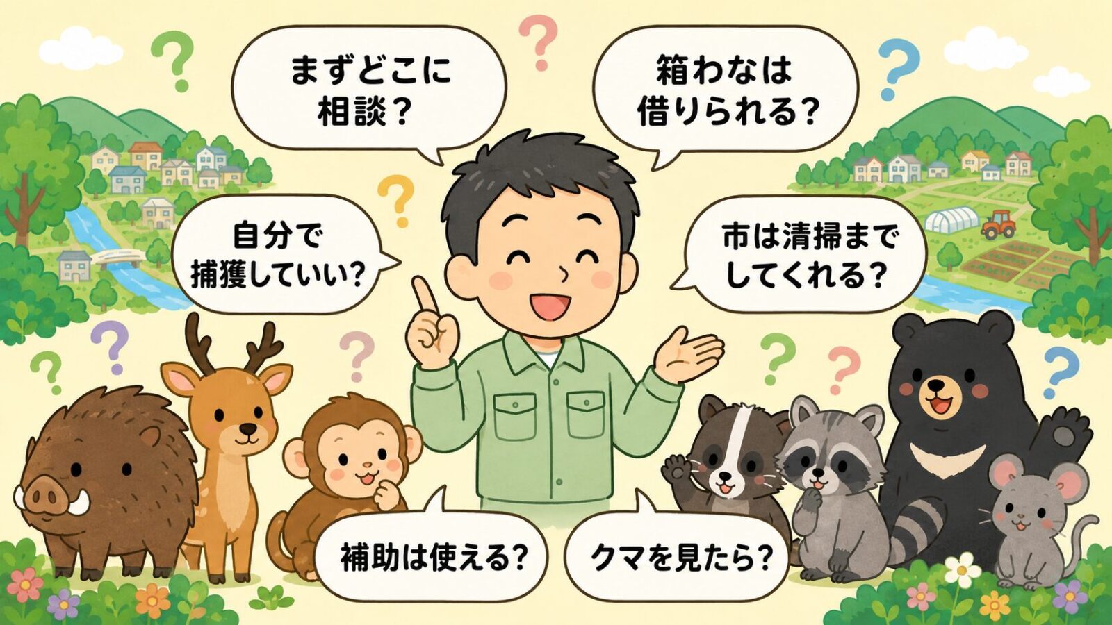 佐野市の害獣駆除でよくある相談先、箱わな貸出、自分で捕獲できるか、市の清掃対応、補助、クマを見たときの質問を示した図解