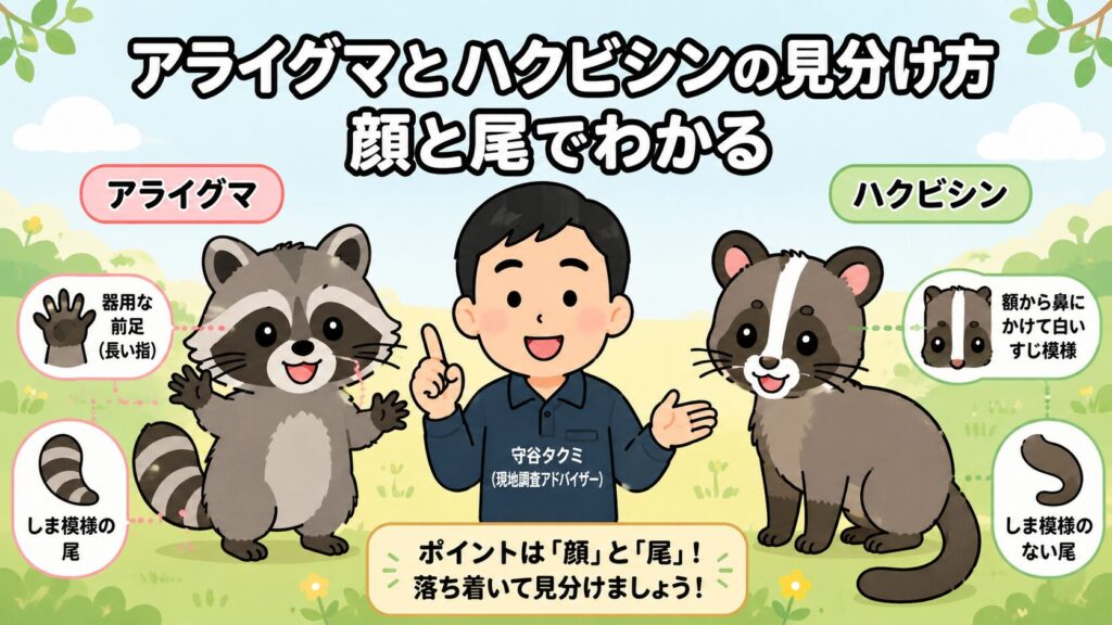 アライグマとハクビシンの見分け方のメインアイキャッチ。左にアライグマ（目の周りの黒いマスク模様・尾のしま模様）、右にハクビシン（額から鼻すじの白い縦線・しまのない長い尾）を並べ、顔と尾で見分けるポイントを守谷タクミが案内するいらすとや風イラスト。