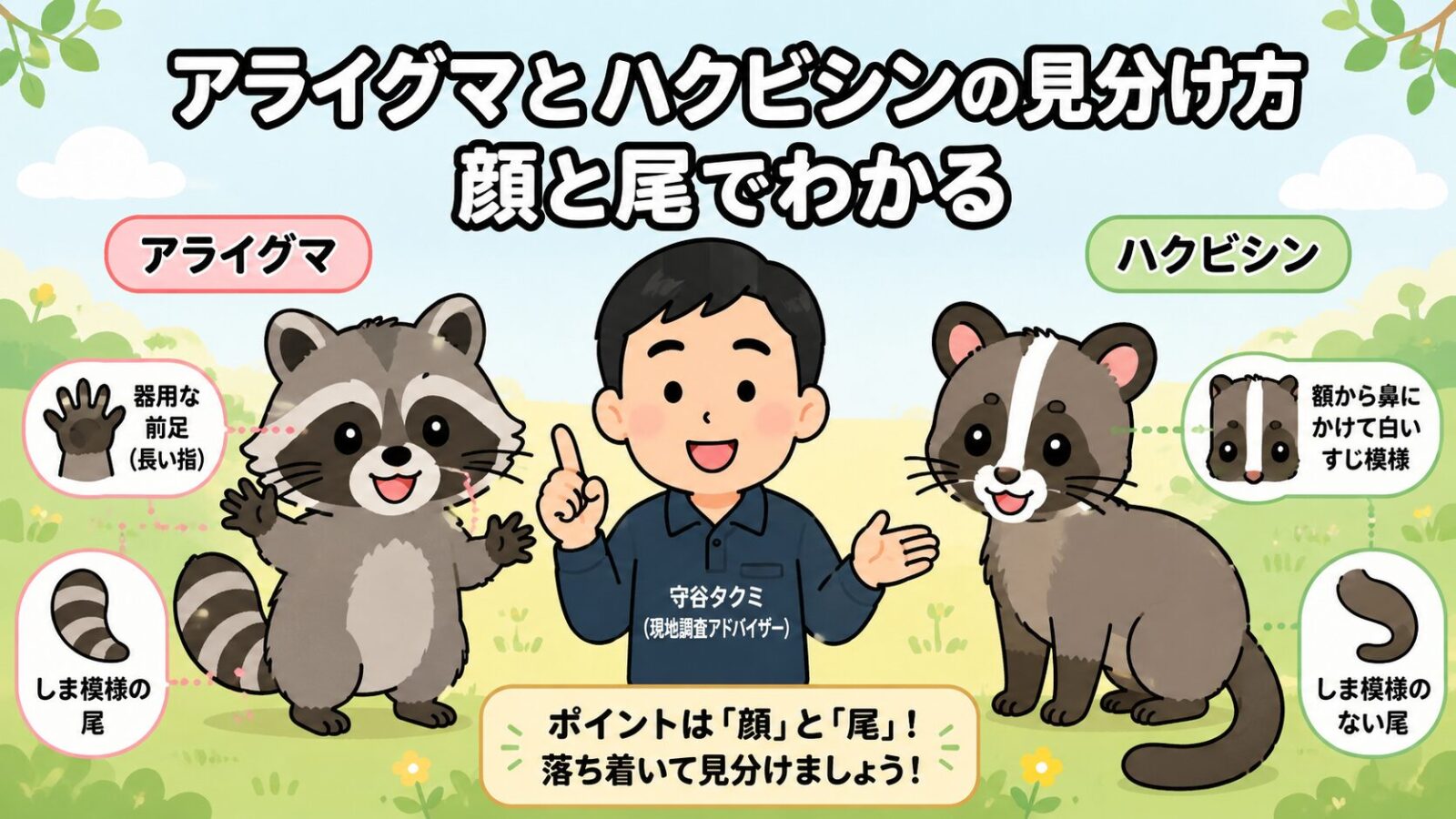 アライグマとハクビシンの見分け方のメインアイキャッチ。左にアライグマ(目の周りの黒いマスク模様・尾のしま模様)、右にハクビシン(額から鼻すじの白い縦線・しまのない長い尾)を並べ、顔と尾で見分けるポイントを守谷タクミが案内するいらすとや風イラスト。