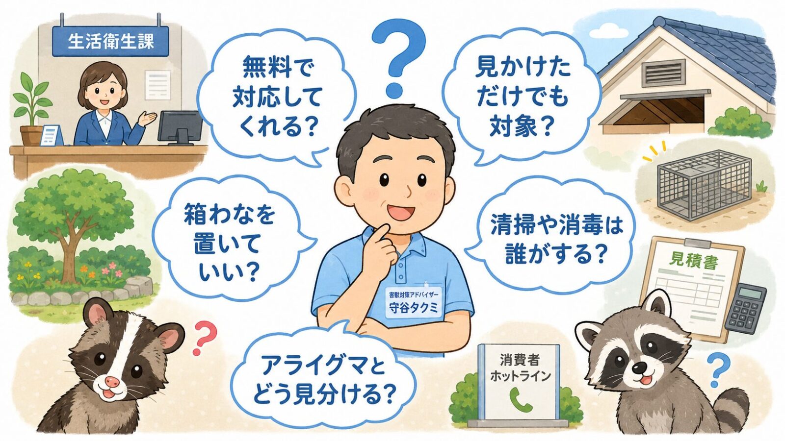 渋谷区のハクビシン駆除でよくある質問を整理したイラスト