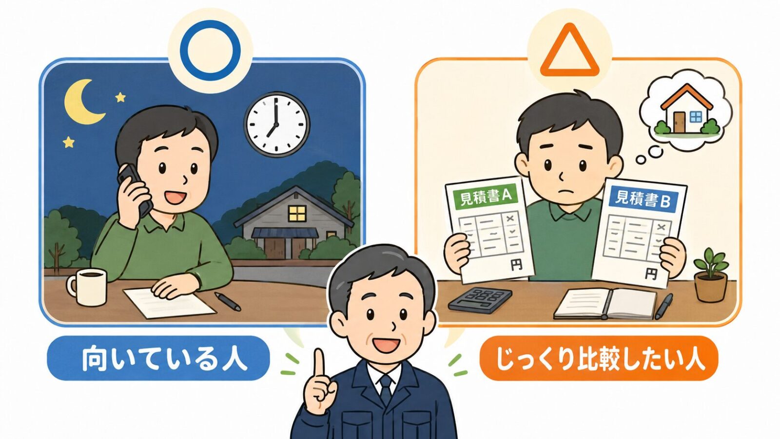 害獣駆除110番の向き不向きを左右で対比したいらすとや風イラスト。左は夜中に電話する人と地方の家（向いている人・◯マーク）、右は2枚の見積書をじっくり比較する人（じっくり比較したい人・△マーク）で適性を表現。