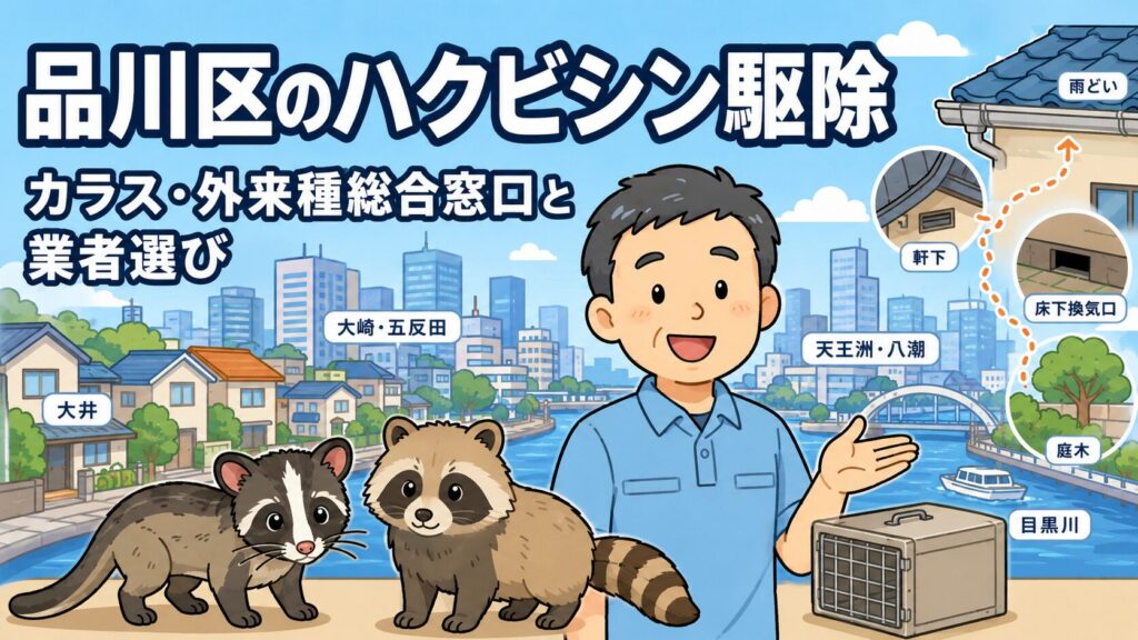 品川区の住宅地と臨海部を背景に守谷タクミとハクビシンを描いたアイキャッチ画像