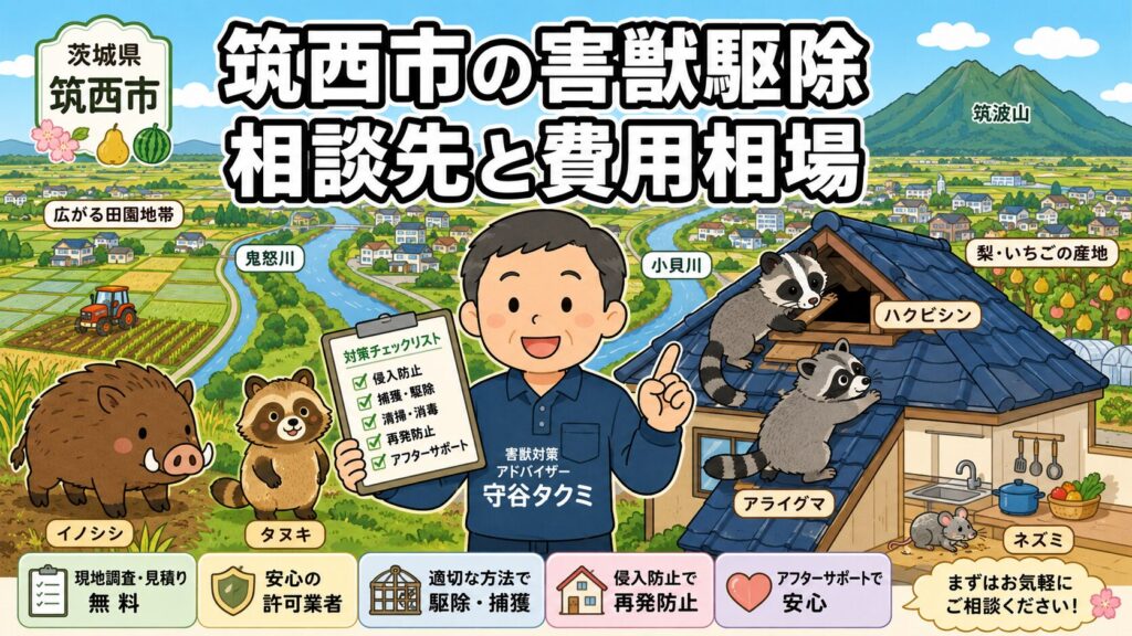 筑西市の害獣駆除ガイドのメインアイキャッチ。筑波山の西側に広がる田園地帯、河川、住宅地を背景に、守谷タクミがイノシシ、ハクビシン、アライグマ、タヌキ、ネズミとともに相談先と費用相場を案内するいらすとや風イラスト。