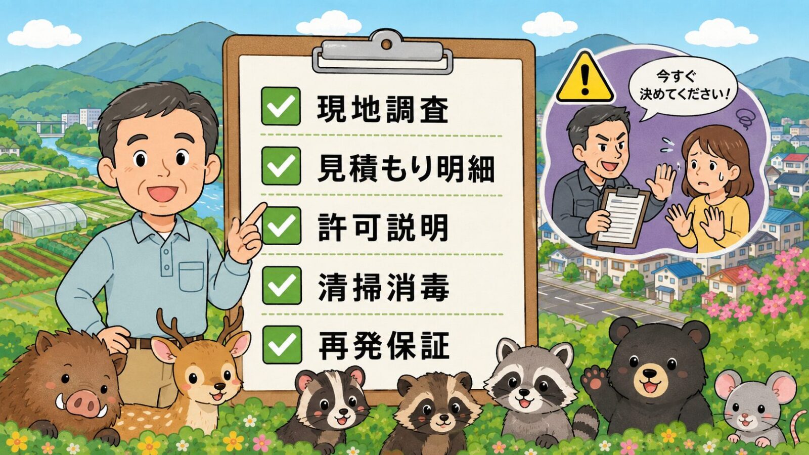 藤岡市で害獣駆除業者を選ぶときの現地調査や見積もり、保証の確認ポイントを示した図解。