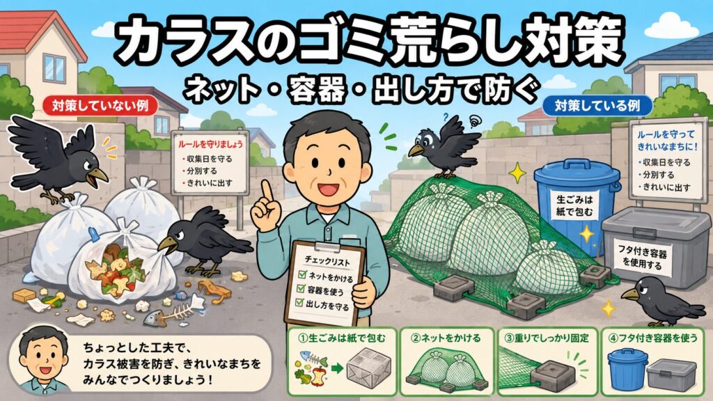 カラスのゴミ荒らし対策を、見える生ごみ、防鳥ネットのすき間、ふた付き容器、収集日の朝に出すポイントで整理したアイキャッチ画像。
