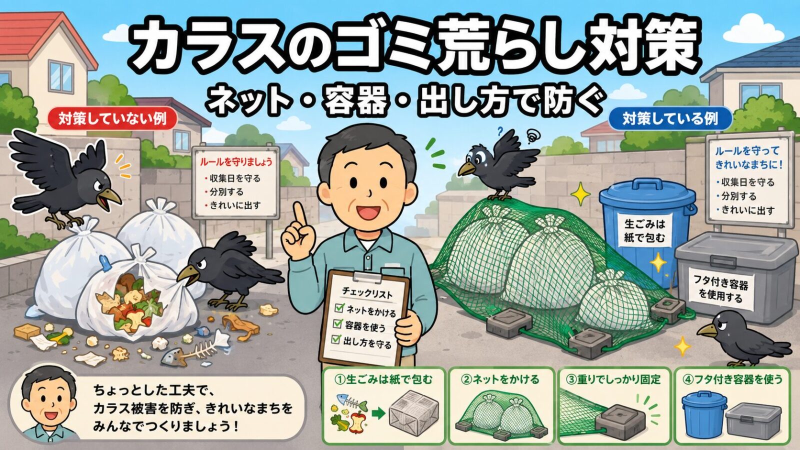 カラスのゴミ荒らし対策を、見える生ごみ、防鳥ネットのすき間、ふた付き容器、収集日の朝に出すポイントで整理したアイキャッチ画像。