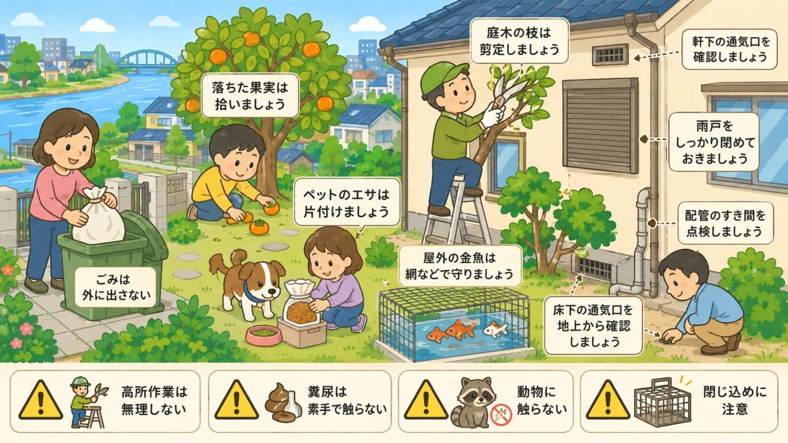 葛飾区で自分でできるハクビシン予防と応急対策のイラスト