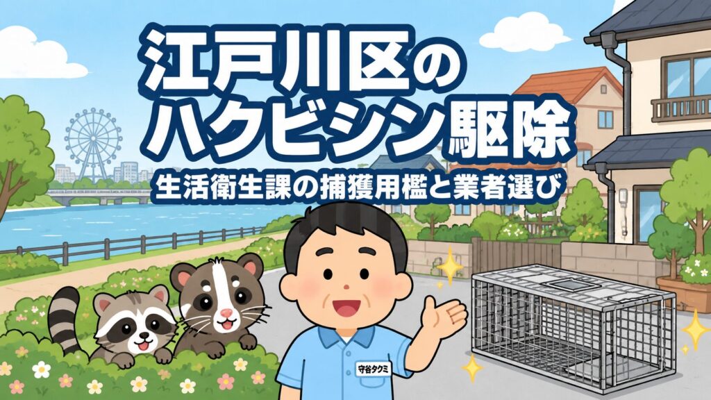 江戸川区の水辺と住宅地を背景に守谷タクミとかわいいハクビシン、アライグマ、捕獲用檻を描いたアイキャッチ画像