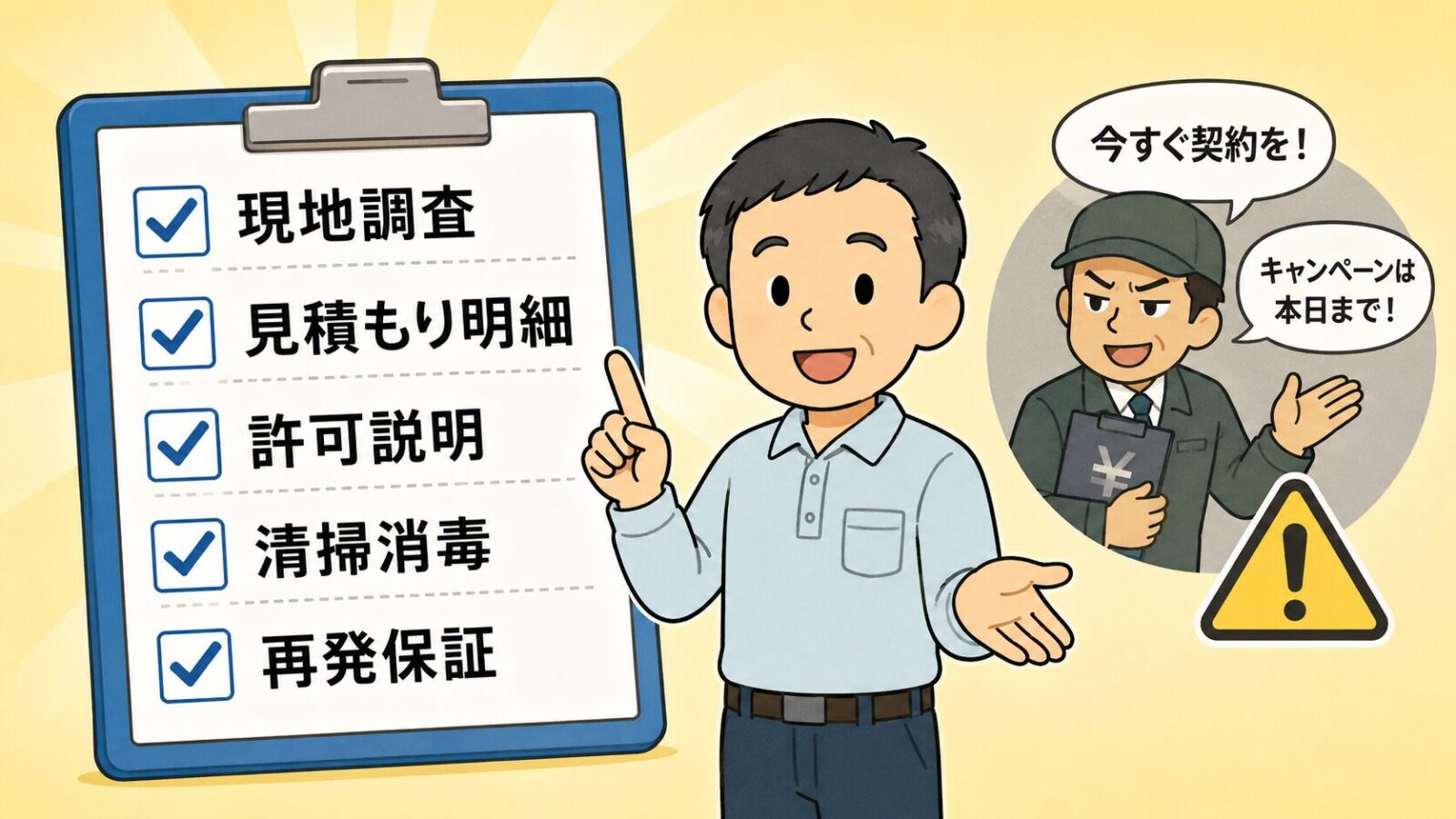 渋川市で害獣駆除業者を選ぶときの見積もりや保証の確認ポイントを示した図解。