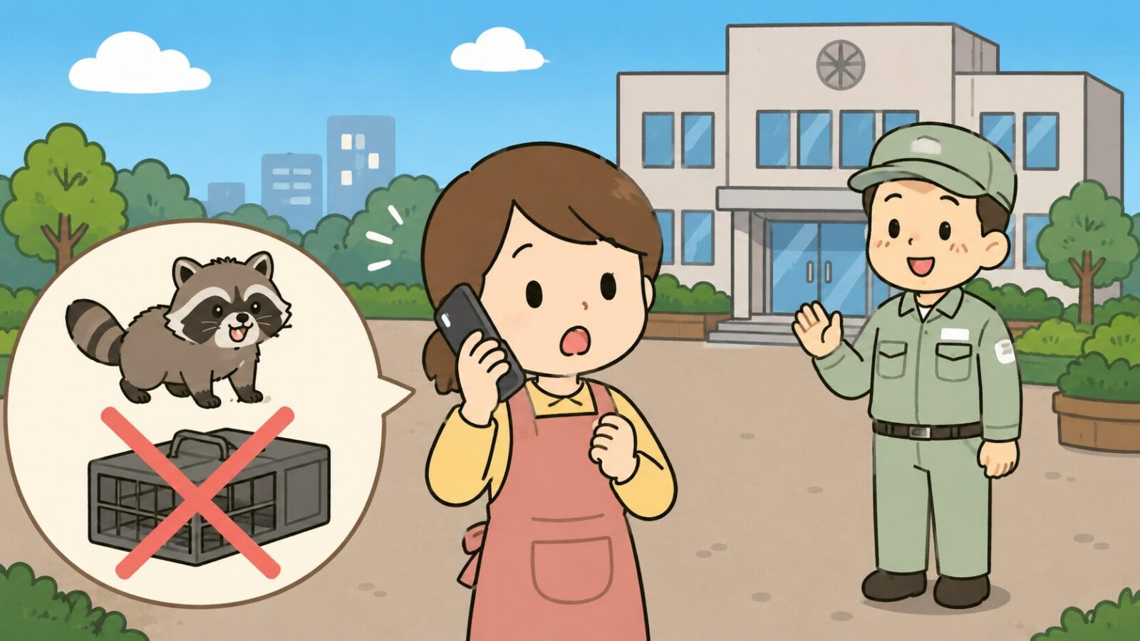 エプロン姿の女性が市役所の前でスマートフォンを使って相談し、作業着の担当者が横にいる構図で、アライグマと箱わなにバツ印を重ねた吹き出しを描いたいらすとや風イラスト。自己判断で捕獲せず自治体に相談することを表すH2見出し画像。