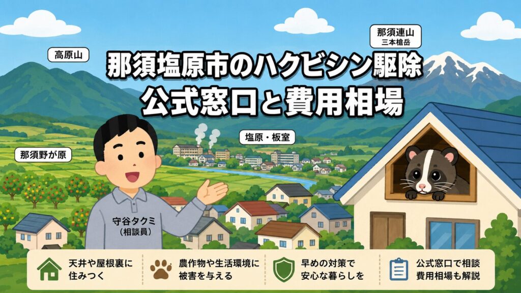那須塩原市のハクビシン駆除ガイドのメインアイキャッチ。高原山や那須連山と那須野が原の平地を背景に、守谷タクミが屋根裏からのぞく鼻すじの白いハクビシンとともに公式窓口と費用相場を案内するいらすとや風イラスト。