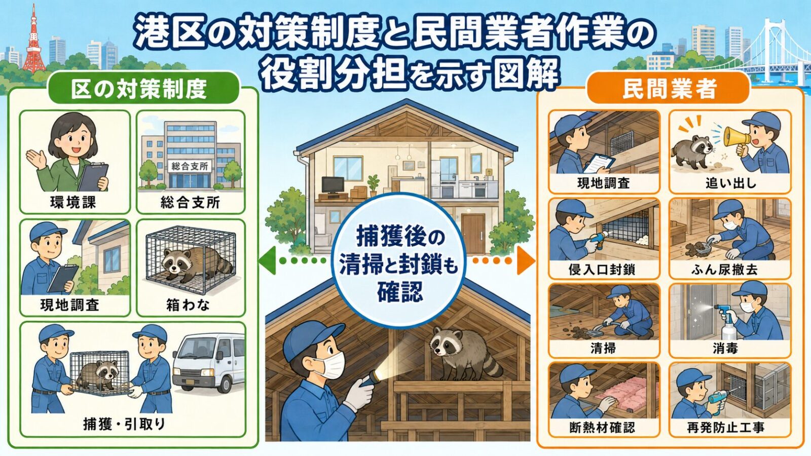 港区の対策制度と民間業者作業の役割分担を示す図解