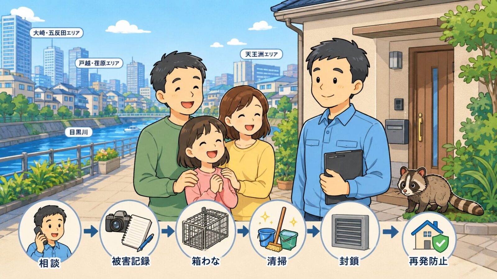 品川区のハクビシン被害が解決して安心した家族と守谷タクミを描いたまとめ画像