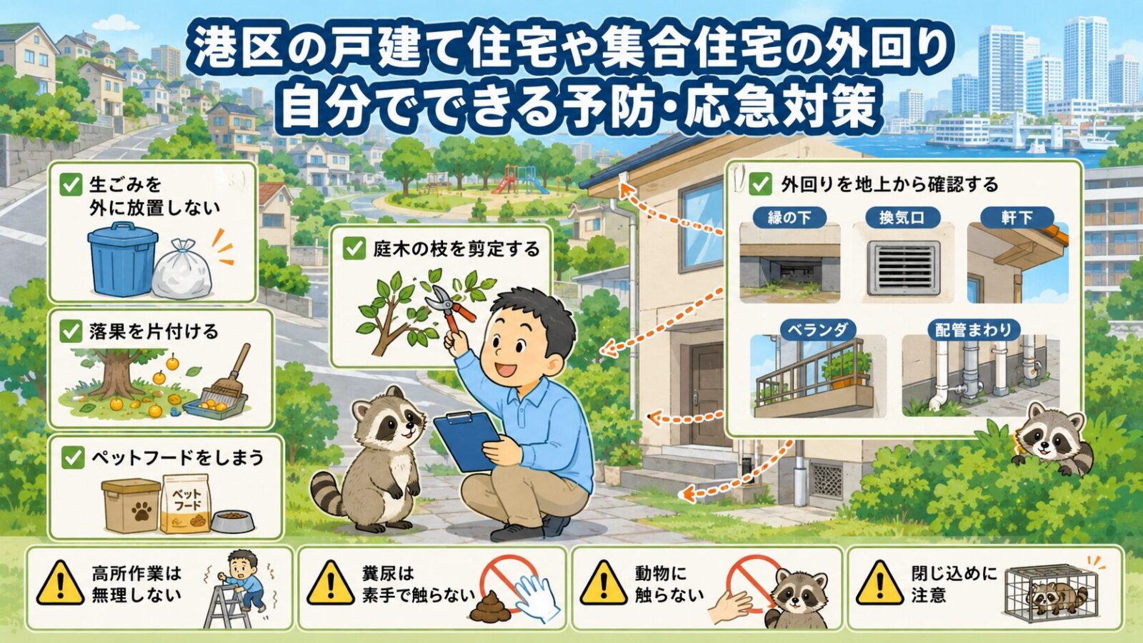 港区で自分でできるハクビシン予防と応急対策のイラスト