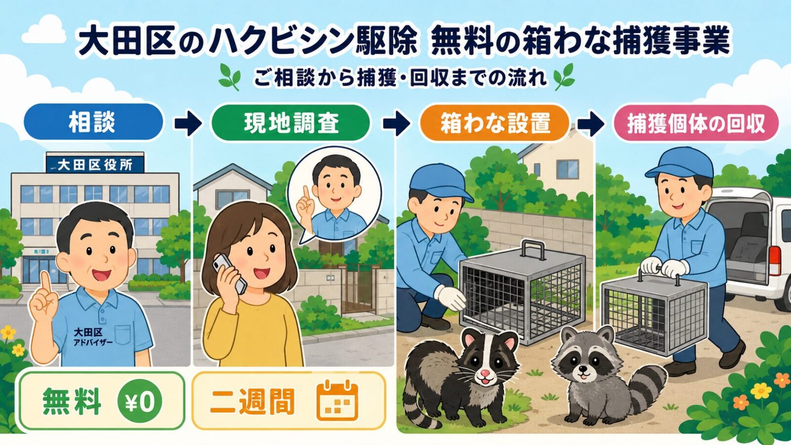 大田区の公式相談窓口と箱わな捕獲事業の流れを示すいらすとや風図解