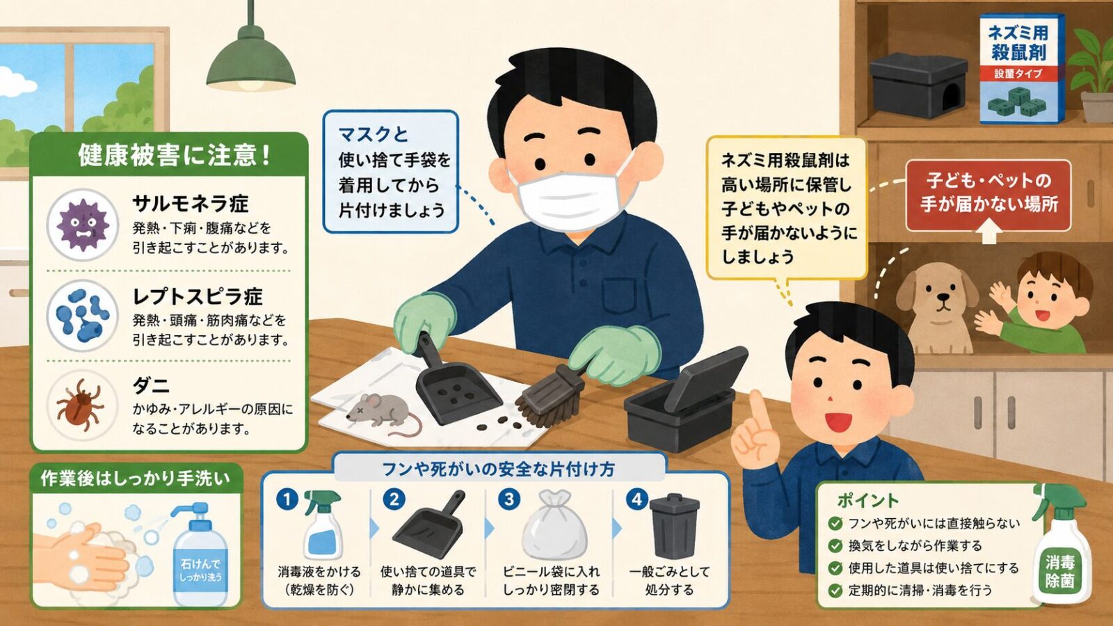 ネズミ駆除で気をつけたい衛生と安全を示す図。死骸やフンはマスクと手袋で処理する・サルモネラ症やレプトスピラ症などの感染症やダニに注意する・殺鼠剤はペットや子どもの届かない場所に置くといったポイントを守谷タクミが注意喚起するいらすとや風イラスト。