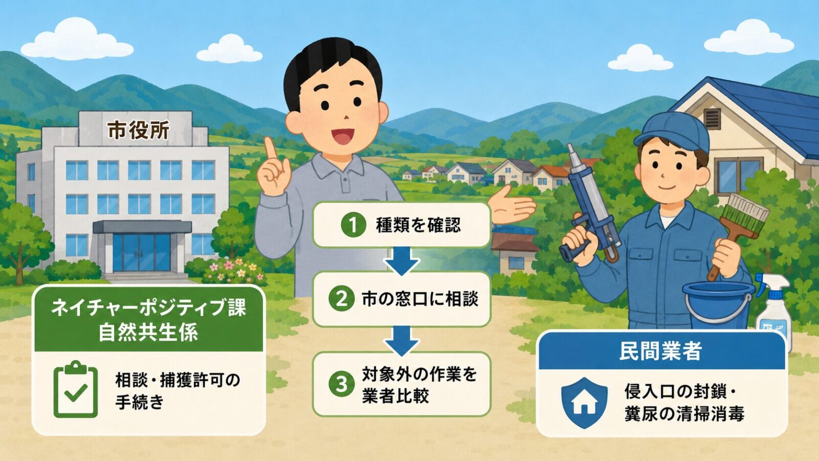 那須塩原市のハクビシン駆除はまずどこに相談するかを示す図。市の公式窓口（環境戦略部ネイチャーポジティブ課自然共生係が相談受付と捕獲許可の手続きを担当）と民間業者（侵入口の封鎖・糞尿の清掃消毒）の役割分担と、種類を確認→市の窓口に相談→制度の対象外作業を業者比較の3ステップを守谷タクミが案内するいらすとや風イラスト。