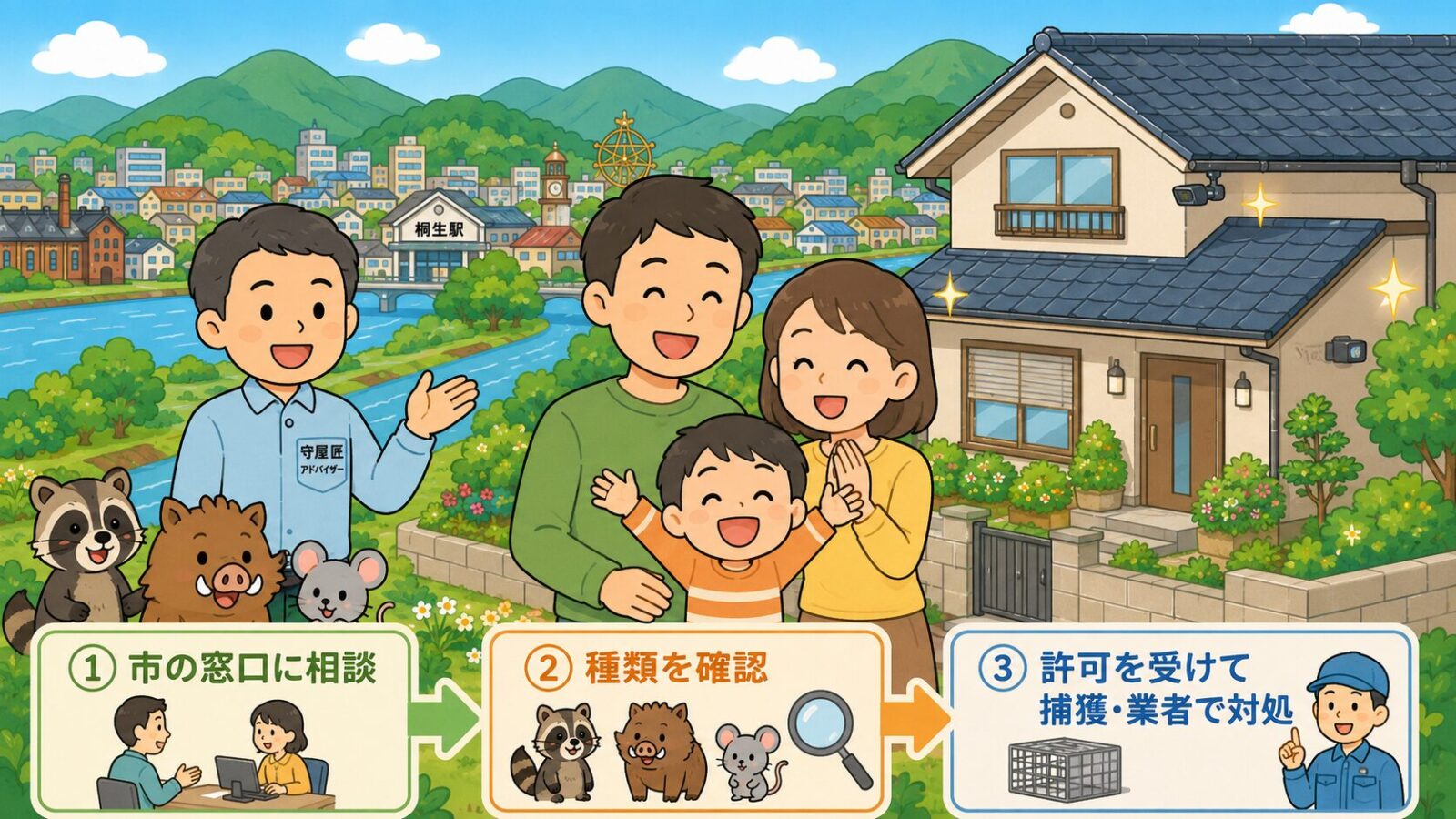 桐生市の害獣駆除のまとめ図。市の窓口に相談・害獣の種類を確認・許可を受けて捕獲・足りない作業は業者を比較の流れと、費用は参考相場で現地調査で変動・急がず複数社を比較という注意を、被害が解決して安心する家族とともに守谷タクミが示すいらすとや風イラスト。