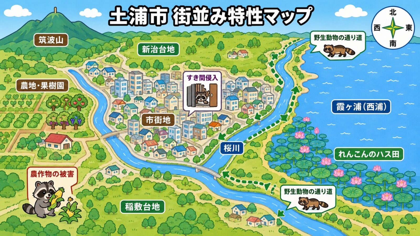 土浦市の地形と点検ポイントを示す模式マップ。上が北で、東に霞ヶ浦（西浦）の湖面、市街地を通って霞ヶ浦に注ぐ桜川、北の新治台地と南の稲敷台地、霞ヶ浦沿岸にれんこんのハス田を配置し、北西の遠景に筑波山を描く。農地・果樹園は食害、市街地はすき間からの侵入、霞ヶ浦沿岸や桜川沿いの緑地は野生動物の通り道として点検ポイントを示すいらすとや風イラスト。霞ヶ浦は東、筑波山は北西に置く。