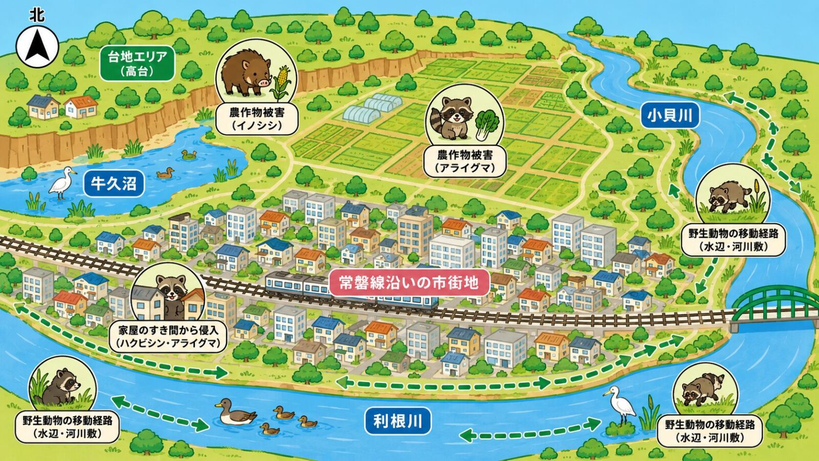 取手市の地形と点検ポイントを示す模式マップ。上が北で、南に利根川、北から東に小貝川、台地末端の牛久沼、両河川に挟まれた低地と台地、常磐線沿いの市街地を配置。河川敷や水辺は野生動物の通り道、台地の農地は食害、市街地はすき間からの侵入として点検ポイントを示すいらすとや風イラスト。利根川は南、小貝川は北東に置く。