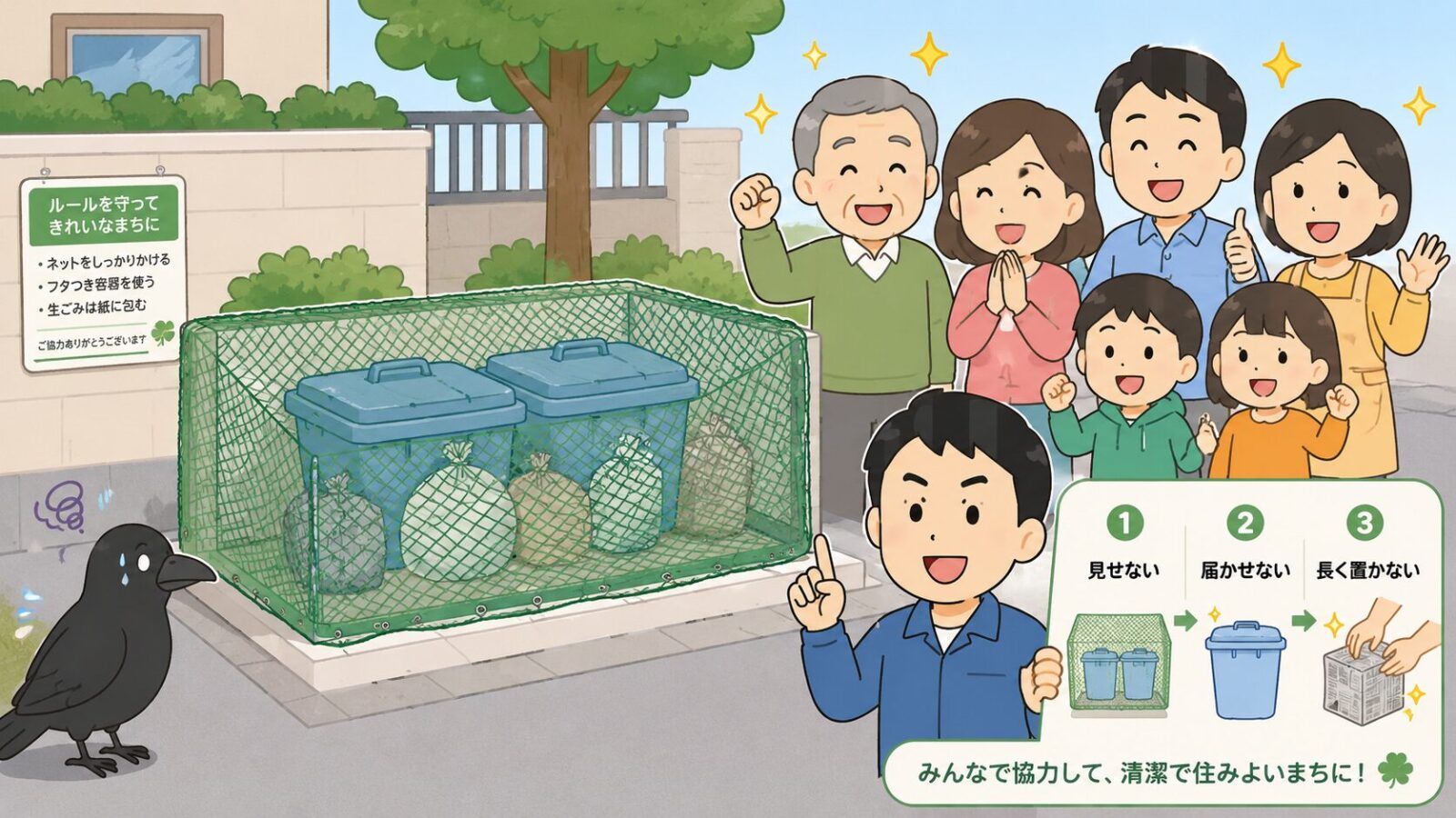 カラスのゴミ荒らしは、見せない、届かせない、長く置かないの3ステップで防ぐことをまとめた図解